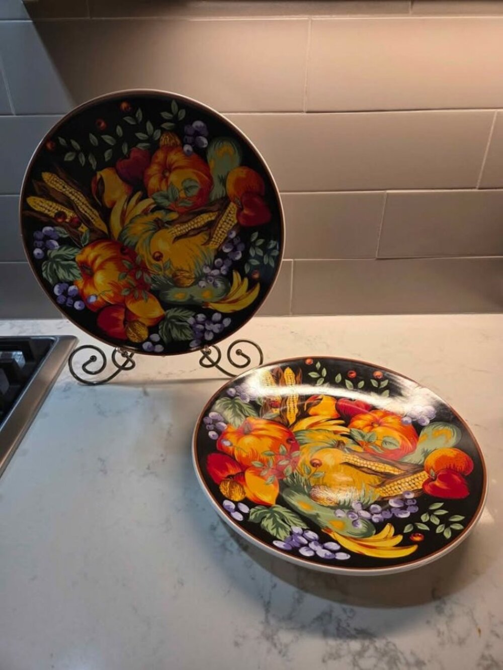 2 large Fall themed plates with black background